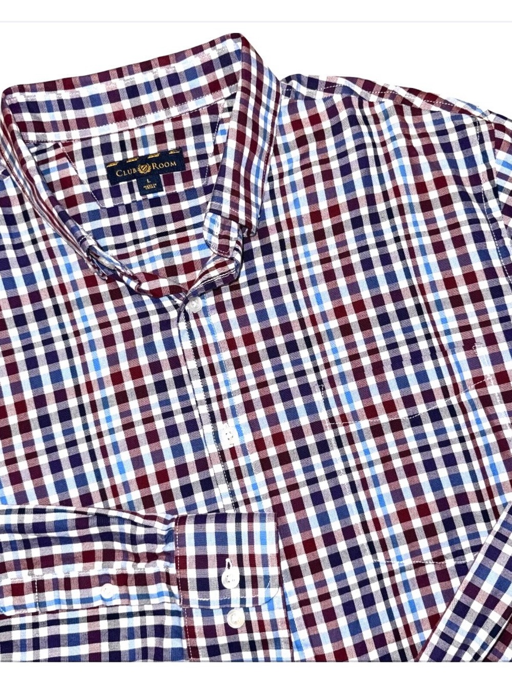 Club Room Men Large Button Up Shirt Long Sleeve Plaid Cotton Blue Maroon Casual⁠